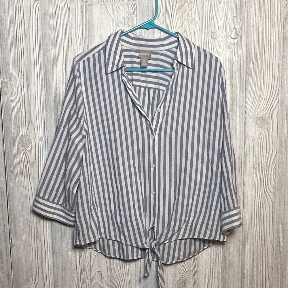 Chico's Blue and White Striped Button-Down Shirt